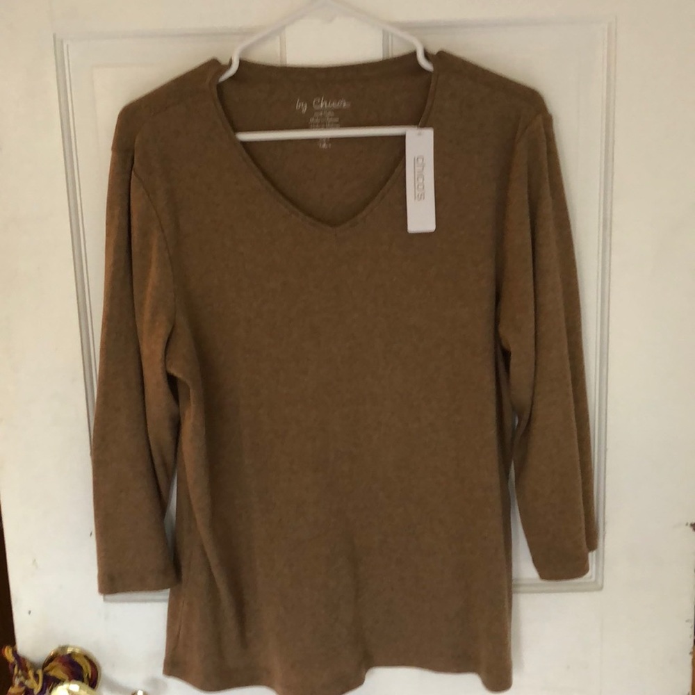 Chico’s Cotton Tee Size Brown V Neck Long Sleeve L